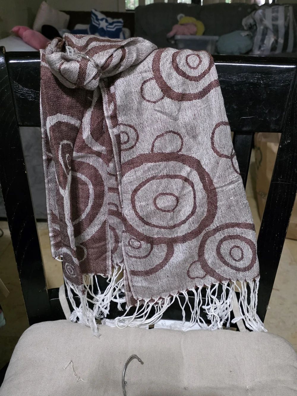 pashmina Light Gray and Brown Circular Pattern Fringe Wrap